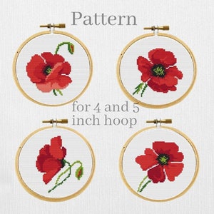 Poppy cross stitch pattern, Floral ornament, Poppy hand embroidery pattern for 4 and 5 inch hoop