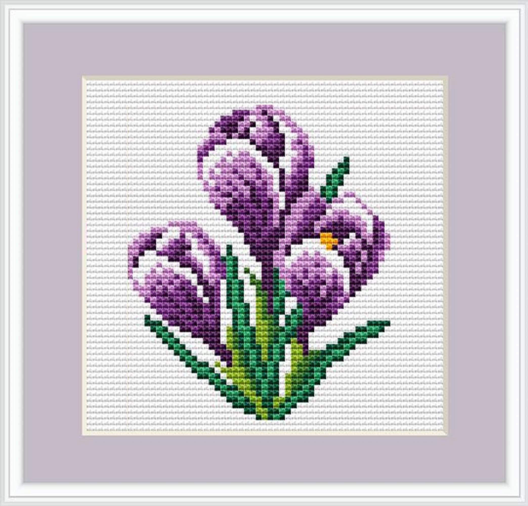 WACOAL トレフル　C65　花柄刺繍 紫 Crocus Cross Stitch Pattern for Spring Flowers Hand Embroidery
