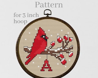 Cardinal ornament personalized cross stitch pattern, Initial ornament hand embroidery pattern for 3 inch hoop