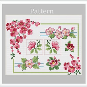 Op de afbeelding: Een kruissteekpatroon met verschillende bloemenontwerpen, waaronder roze en witte bloemen met groene bladeren. Het patroon is bovenaan met "Pattern" gelabeld.