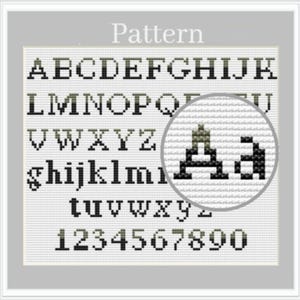 Cross stitch alphabet pattern with letters and numbers for digital downloads