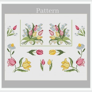 Peut inclure: Motif de point de croix avec des motifs floraux. Le motif comprend des tulipes roses, jaunes et blanches, des marguerites et d'autres fleurs. Le mot "Pattern" est en haut de l'image.