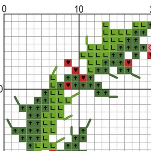 May include: Green and red cross stitch pattern with a heart design. The pattern includes green stitches in the shape of leaves and red stitches in the shape of hearts.