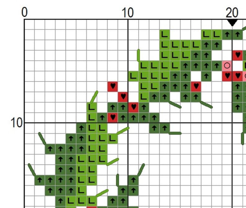 May include: Green and red cross stitch pattern with a heart design. The pattern includes green stitches in the shape of leaves and red stitches in the shape of hearts.