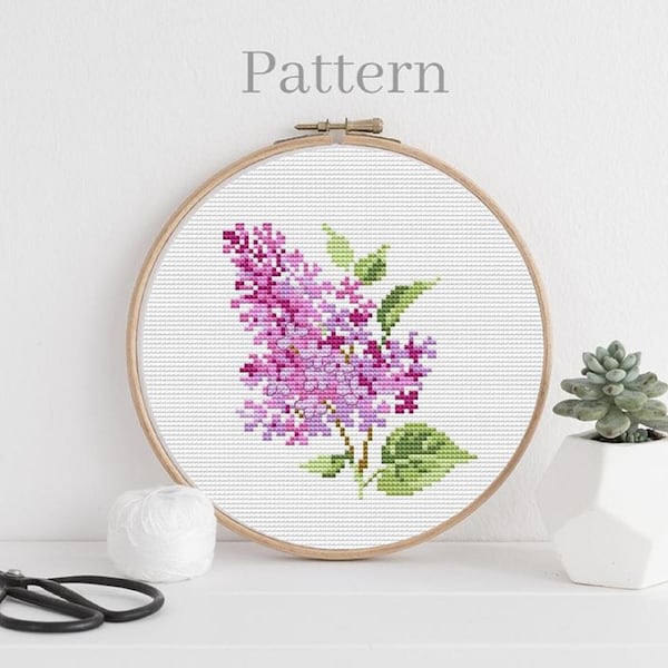 Lilac cross stitch pattern, Floral cross stitch, Flowers hand embroidery pattern