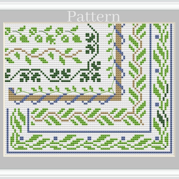 Cross stitch border pattern, Square border, Leaf border, Green and blue border