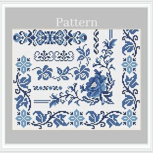 Blaue Chinoiserien Kreuzstichmuster, Bordüre, Vintage Kreuzstichmuster, Vintage Kreuzstichrahmen, Blumenmuster