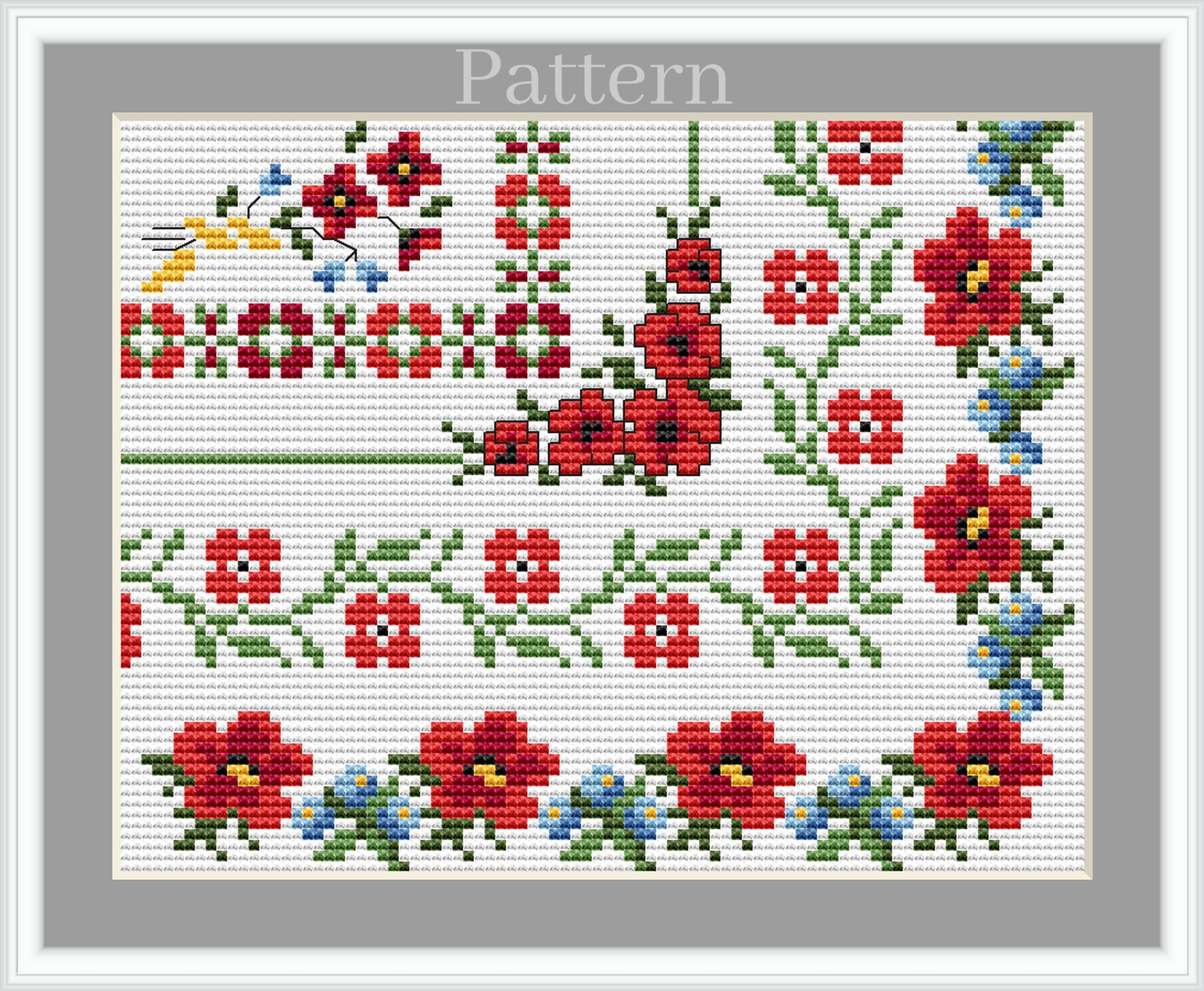 Poppy Cross Stitch Border Pattern, Floral Cross Stitch Frame