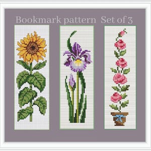 Floral cross stitch bookmark pattern with iris, rose and sunflower book marks