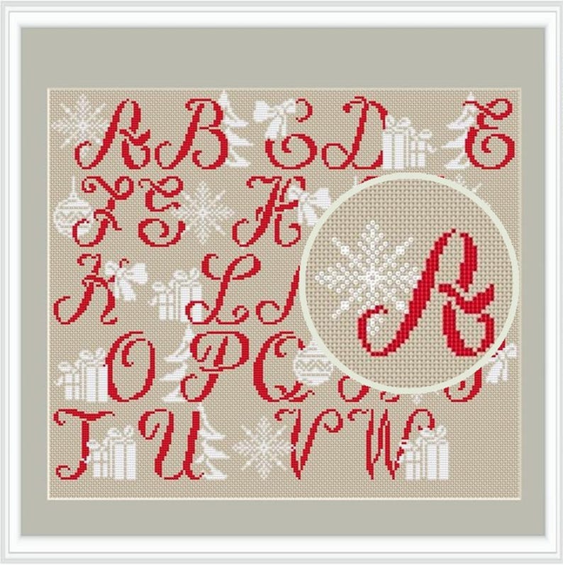 May include: A cross-stitch pattern featuring a Christmas alphabet with red letters and white snowflakes, ornaments, and presents on a beige background.