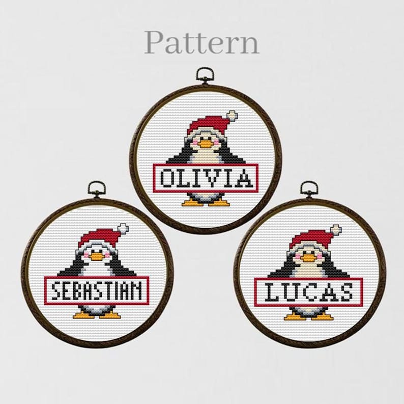 Small Penguin Cross Stitch Ornament Pattern, Pesonalized Christmas