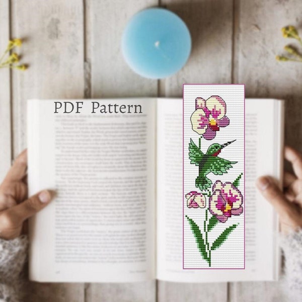 Orchid cross stitch bookmark pattern, Hummingbird bookmark, Colibri reading tracker, Tropical flowers book tracker