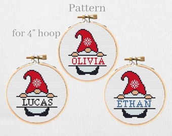 Christmas gnome ornament cross stitch pattern, Personalized ornament hand embroidery pattern, Name ornament for 4 inch hoop