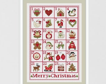 Advent calendar cross stitch pattern, Merry Christmas hand embroidery calendar pattern