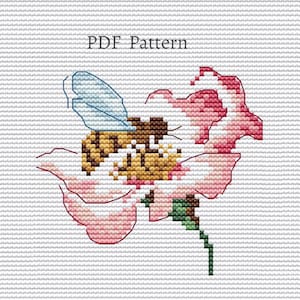 Bee with flower cross stitch pattern, Insect cross stitch, Floral cross stitch