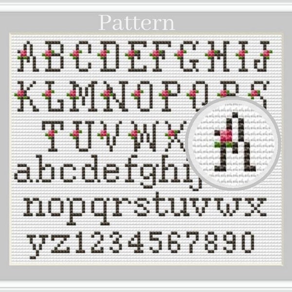 Cross stitch letters, Floral alphabet cross stitch pattern, Cross stitch fonts, Small alphabet, Cross stitch numbers
