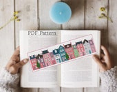 Small houses cross stitch bookmark pattern PDF, Little town book marks, Reading tracker hand embroidery pattern