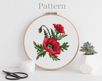 Small poppy cross stitch pattern, Floral cross stitch, California poppy embroidery pattern