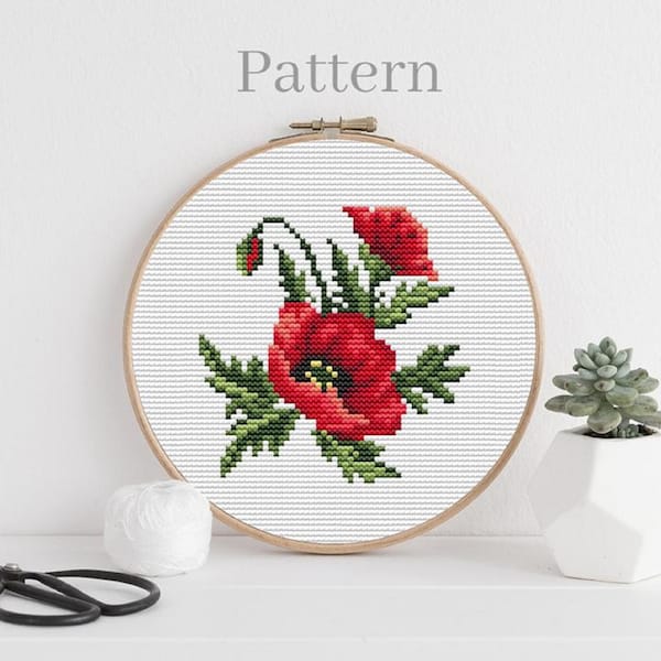 Small poppy cross stitch pattern, Floral cross stitch, California poppy embroidery pattern
