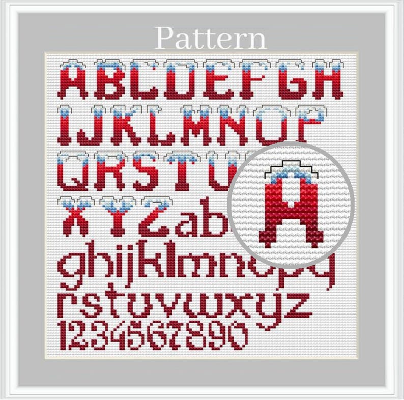 Letter Inset Design Christmas Alphabet Cross Stitch Pattern With Red Letters and Numbers ...