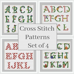 Peut inclure: Ensemble de quatre motifs de point de croix encadrés représentant l'alphabet. Les lettres sont décorées de guirlandes lumineuses, de rayures de cannes en sucre d'orge et de boules de Noël. Le texte central indique "Cross Stitch Patterns Set of 4".
