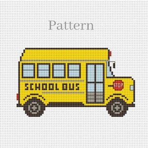 May include: A yellow school bus with black outlines and a red stop sign. The bus has four windows on the side and the words "SCHOOL BUS" printed on the side.