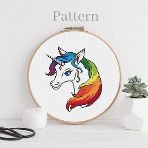 Rainbow unicorn cross stitch pattern PDF Unicorn hand embroidery pattern Animal cross stitch