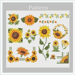 Può includere: Uno schema di punto croce con una varietà di disegni di girasoli. Lo schema include girasoli singoli, ghirlande di girasoli e bordi di girasoli. Lo schema è perfetto per creare un progetto di punto croce bello e allegro.