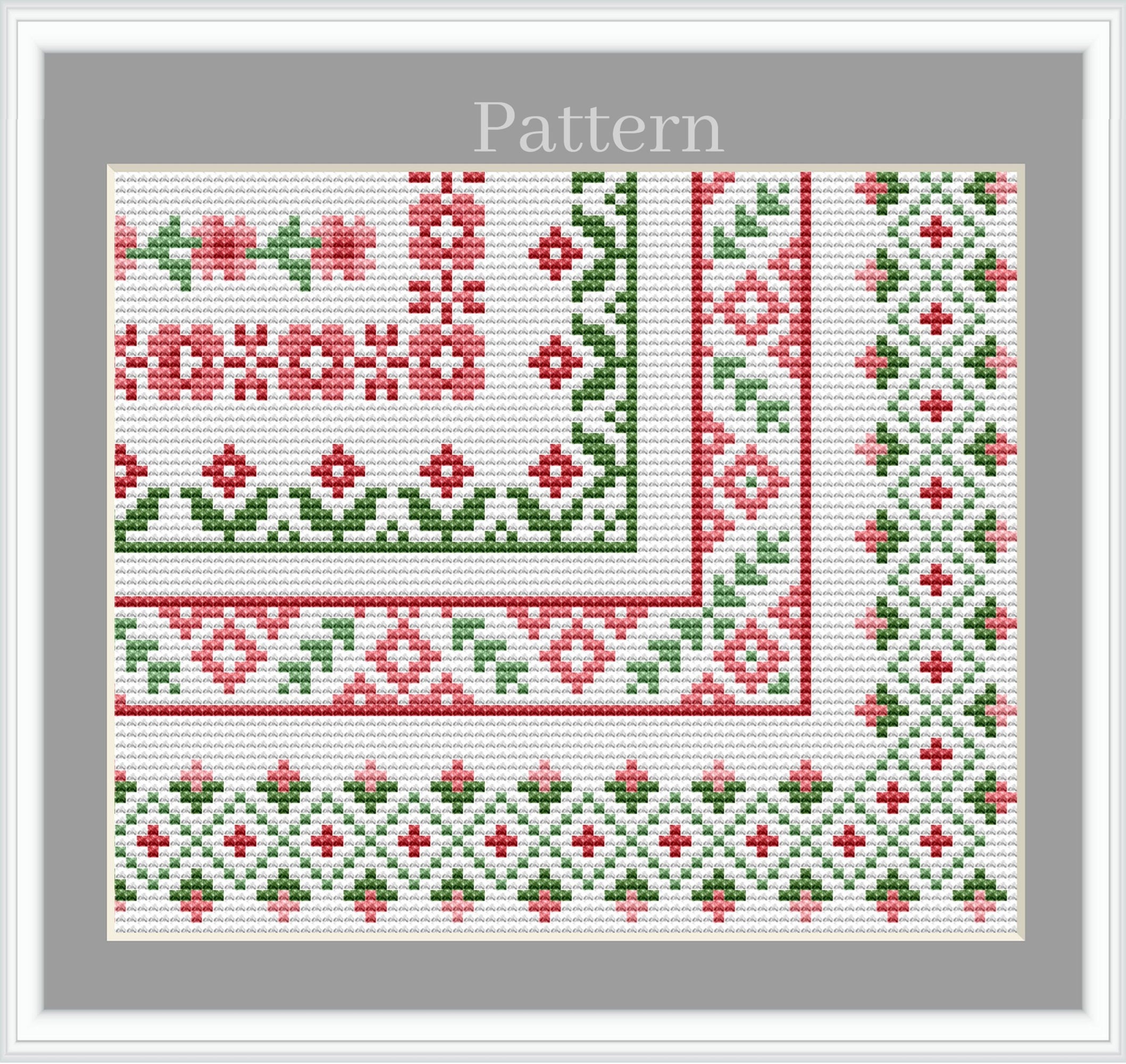 Floral Cross Stitch Border Pattern, Pink and Green Cross Stitch