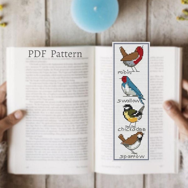 Birds cross stitch bookmark pattern, Robin cross stitch book tracker, Reading tracker