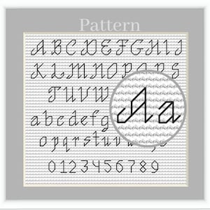 Backstitch alphabet chart, Small cross stitch font, Cursive alphabet with letters and numbers, Small ABC chart