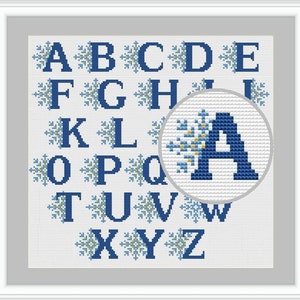 Snowflake alphabet cross stitch pattern Christmas monogram Cross stitch fonts Christmas letters for small hand embroidery project