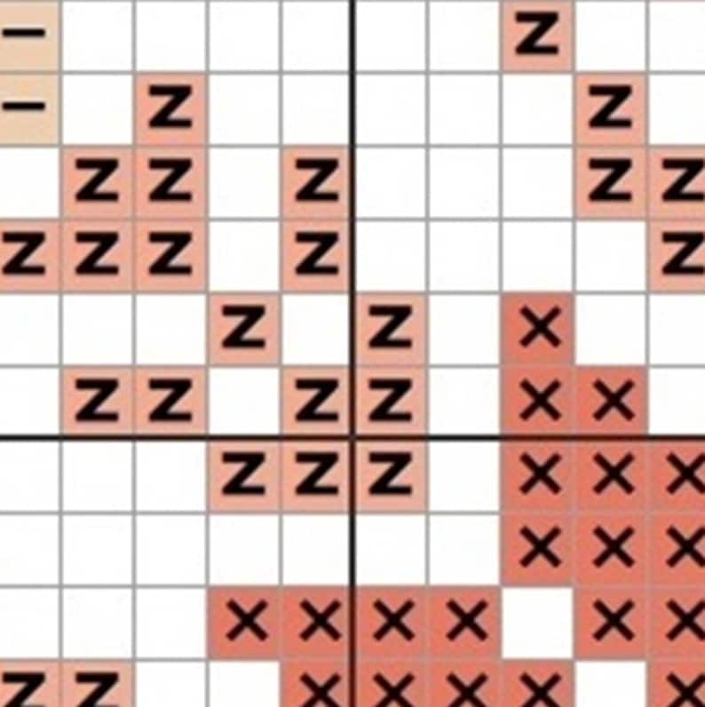 Puede incluir: Primer plano de un patr&oacute;n de punto de cruz con una cuadr&iacute;cula de cuadrados. El dise&ntilde;o presenta la letra "Z" en varias disposiciones, junto con s&iacute;mbolos "X", todo en color coral. El fondo es de color beige claro.