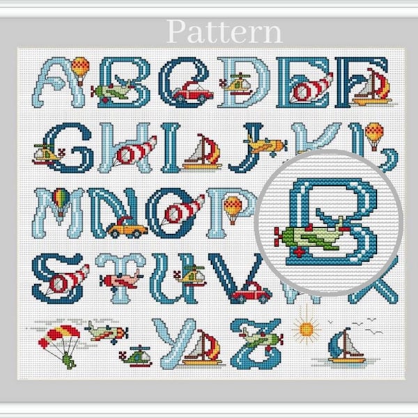 Cross stitch letters for boys, Monogram font, Blue alphabet cross stitch pattern, Vehicle alphabet