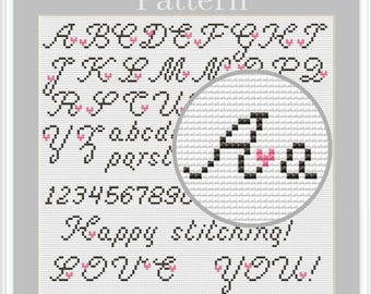 デジタルの小さなハートフォント用の文字と数字を使った筆記体の