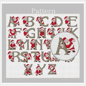 Cross stitch fonts, Christmas alphabet cross stitch pattern, Monogram fonts, Santa Claus alphabet