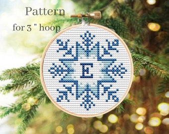 Initial ornament cross stitch pattern with alphabet chart, Monogram ornament with ABC chart, Christmas monogram letters, Snowflake ornament