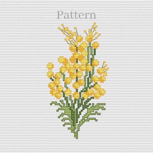 Mimosa cross stitch pattern, Yellow flowers hand embroidery pattern, Acacia dealbata, Silver wattle