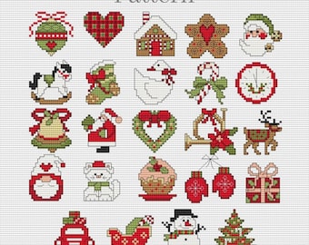 Puede incluir: Un conjunto de 20 patrones de punto de cruz navideños con varios iconos navideños, incluyendo una casa de jengibre, un caballo de balancín, un muñeco de nieve, un reno, un árbol de Navidad, una campana, un corazón, un bastón de caramelo, una media, un Papá Noel, una corona, un ganso, un regalo, un guante, un hombre de jengibre, un gato, un pastel, un coche, un trineo y un adorno.