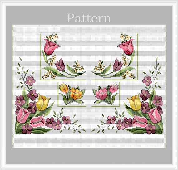 Tulip Cross Stitch Border Pattern With Floral Frames, Square