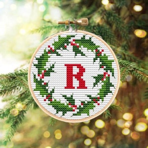 Christmas monogram letters, Monogram ornament cross stitch pattern, Monogram fonts 3 inch hoop, Cross stitch alphabet