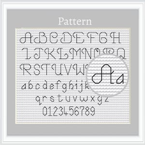May include: A cross-stitch pattern featuring the alphabet in uppercase and lowercase, numbers 0-9, and the word "Pattern".