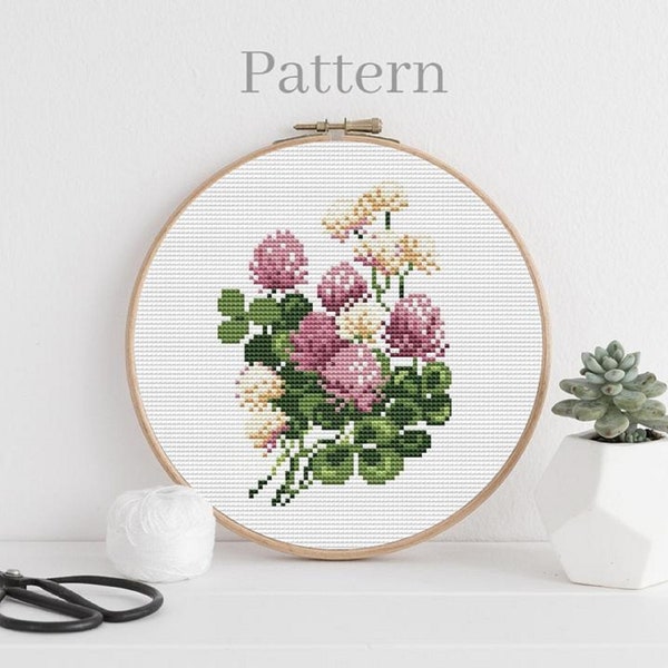 Clover cross stitch pattrn, Floral cross stitch, Wild flowers hand embroidery pattren