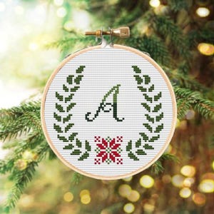 Christmas wreath cross stitch ornament pattern with alphabet chart, Initial ornament, Personalized ornament with ABC chart