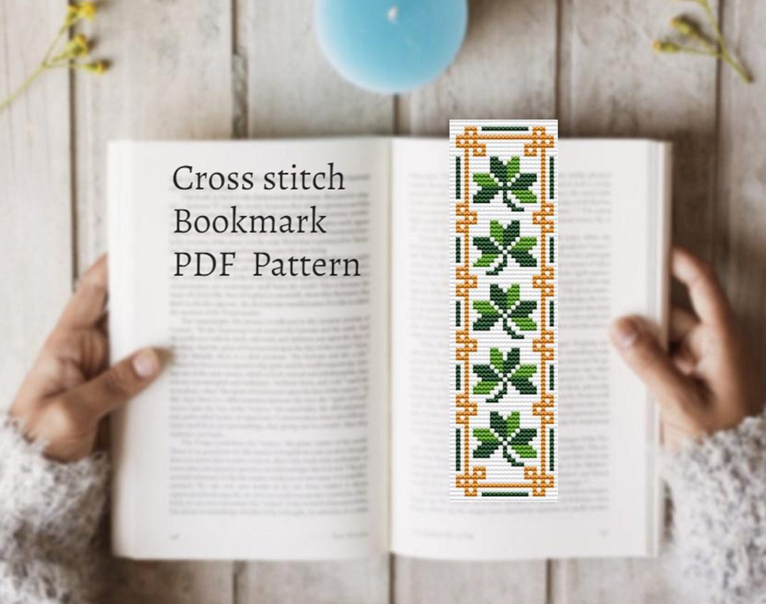 Celtic Cross Stitch Bookmark Pattern, Clover Cross Stitch Book Tracker, Celtic Knots Hand