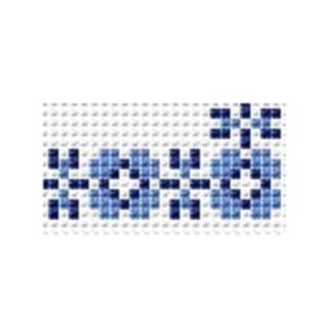 May include: A white background with a blue floral pattern. The flowers are made up of small squares and are arranged in a row.