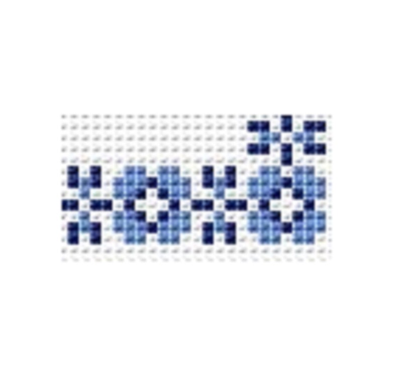 May include: A white background with a blue floral pattern. The flowers are made up of small squares and are arranged in a row.