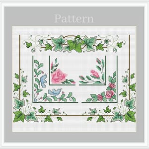 Floral cross stitch border pattern with ivy frames and rose corners