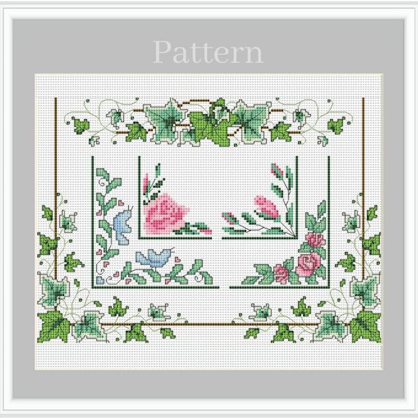 Floral cross stitch border pattern with ivy frames and rose corners