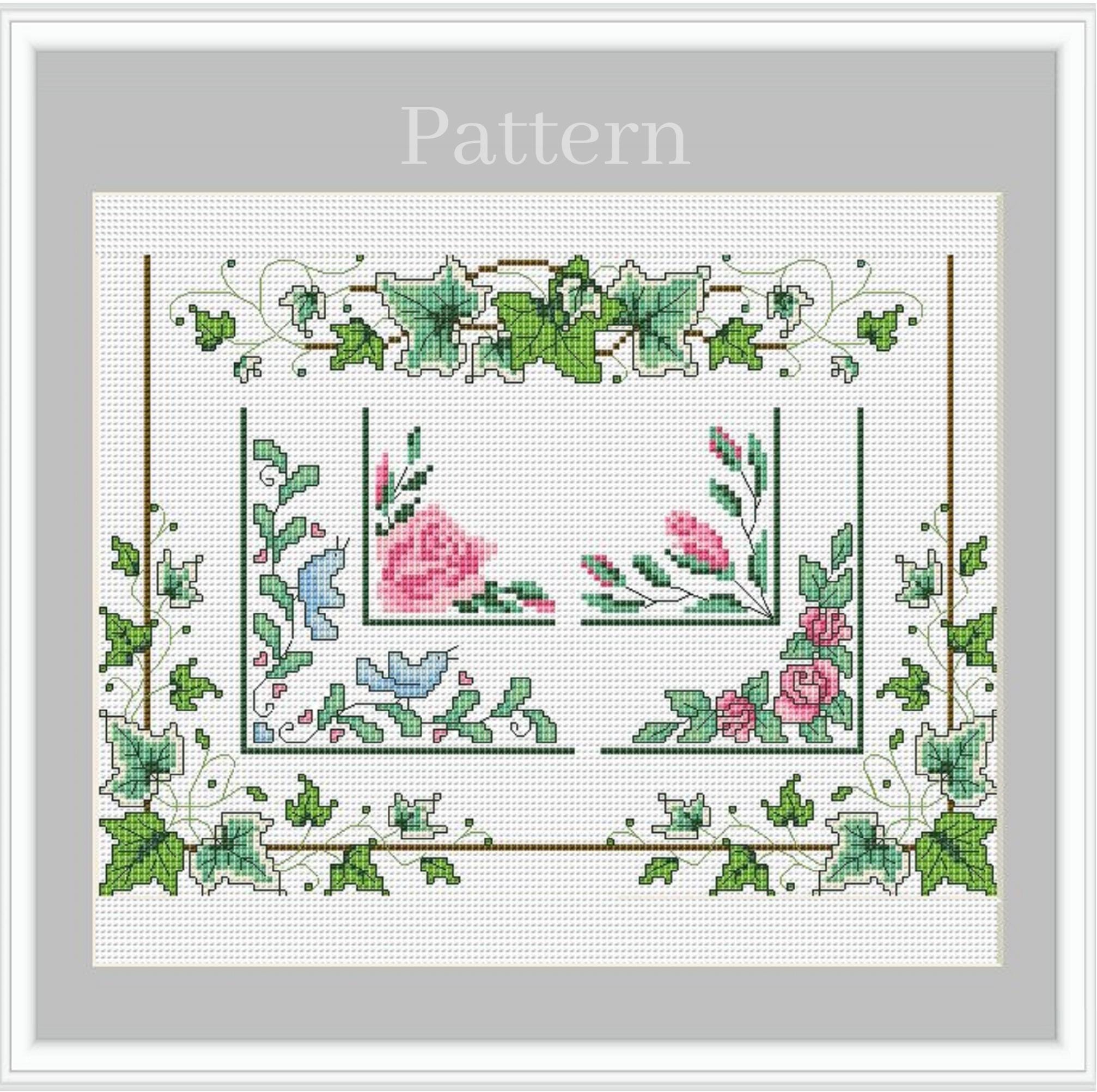 Floral Cross Stitch Border Pattern With Ivy Frames and Rose